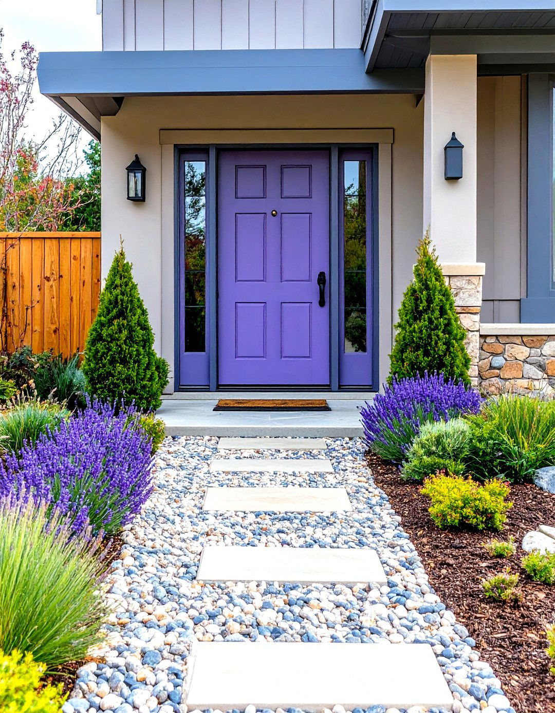Lavender Door with Gravel Garden Design - 24 Lavender Front Door Ideas