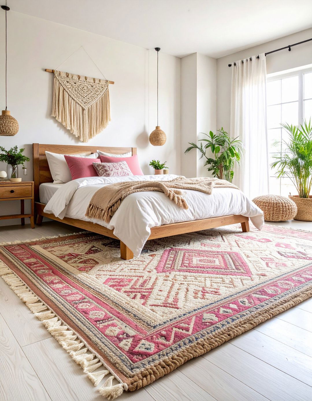 Layered Pink Rugs with Geometric Patterns - 24 Pink Boho Bedroom Ideas