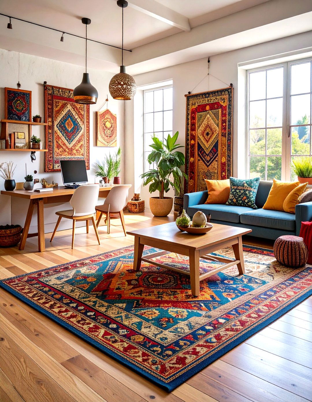 Layered Rug Textile Floor - 24 Bohemian Home Office Ideas