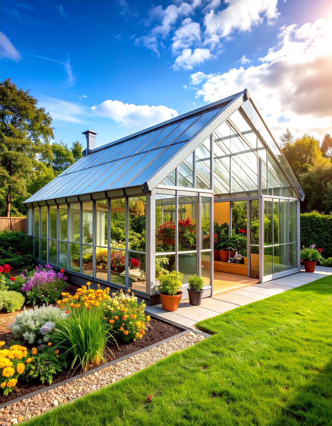 Lean Back Greenhouse with Angled Glass Panels - 24 Greenhouse Ideas