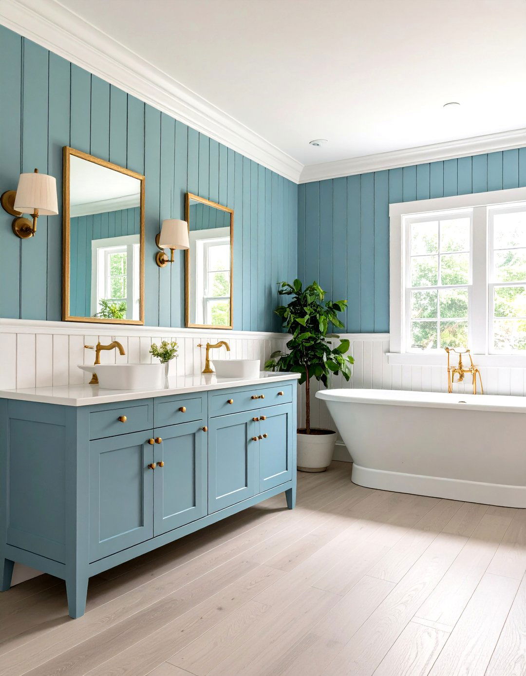 Light Blue Beadboard Cottage Comfort - 24 Blue and Gold Bathroom Ideas