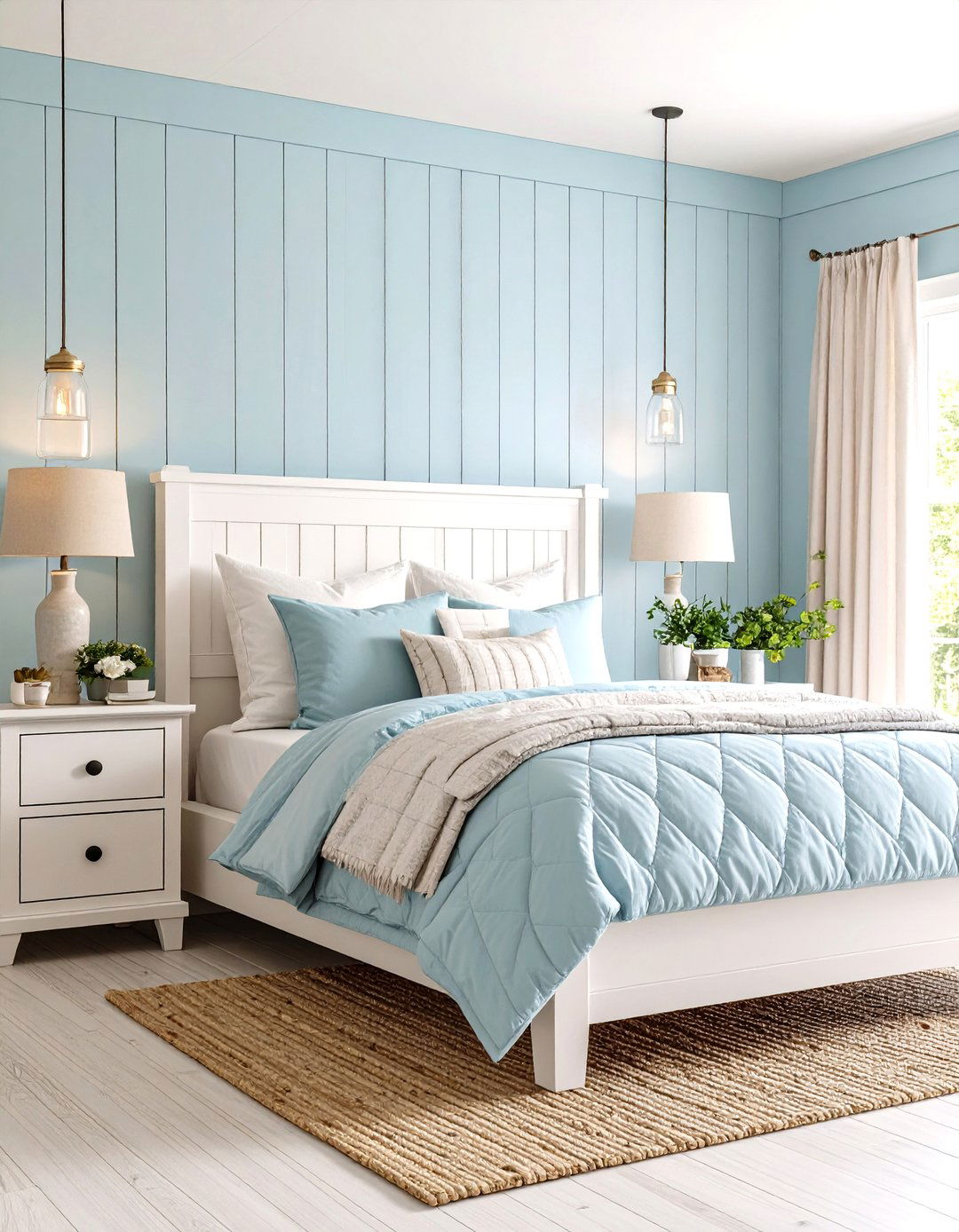 Light Blue Bedroom with Farmhouse Shiplap Walls - 24 Light Blue Bedroom Ideas