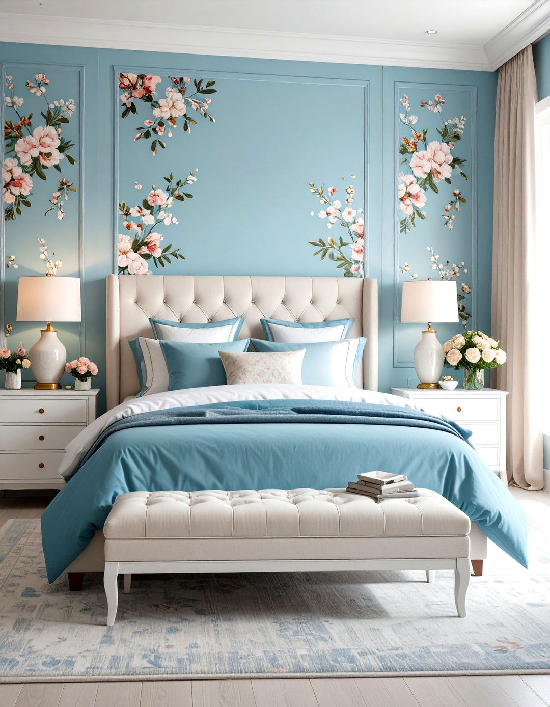 Light Blue Bedroom with Floral Wallpaper Accents - 24 Light Blue Bedroom Ideas