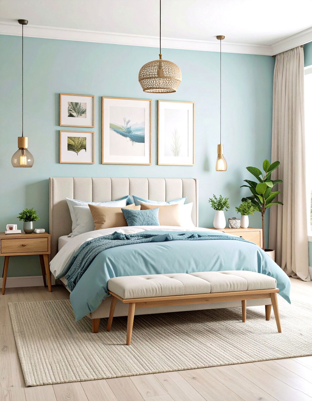 Light Blue Bedroom with Gallery Wall Displays - 24 Light Blue Bedroom Ideas