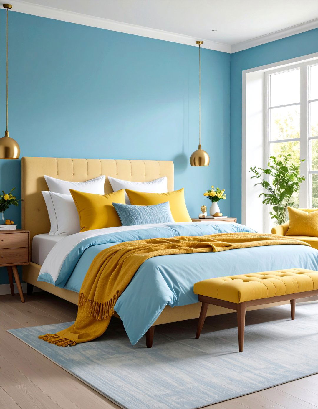 Light Blue Bedroom with Golden Yellow Accents - 24 Blue and Gold Bedroom Ideas