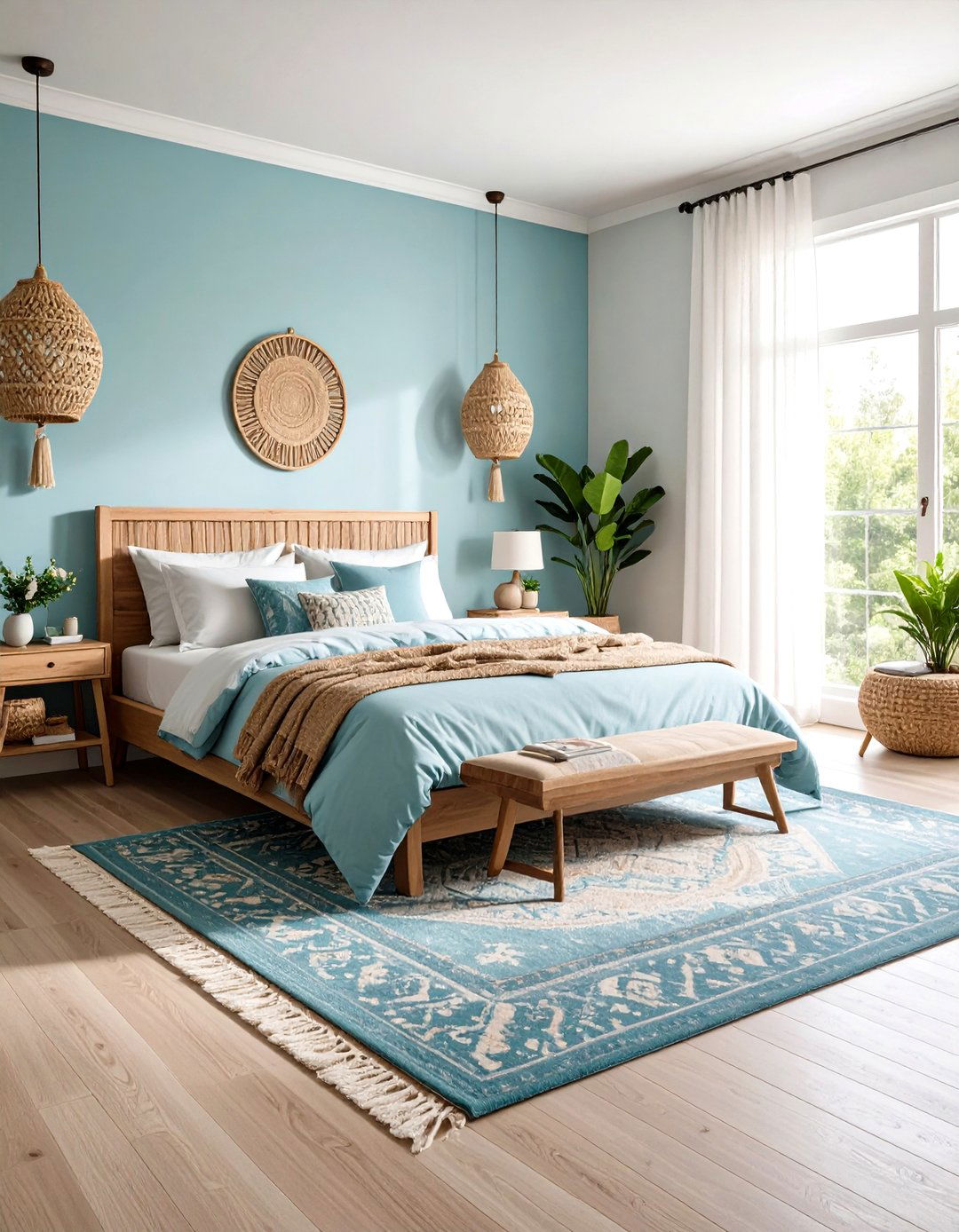 Light Blue Bedroom with Layered Rug Combinations - 24 Light Blue Bedroom Ideas