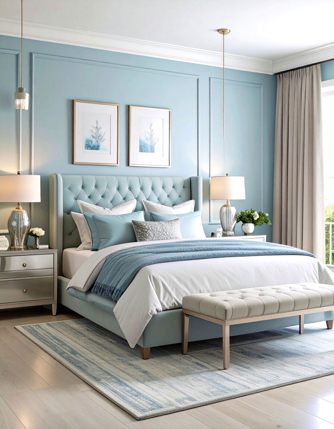 Light Blue Bedroom with Metallic Silver Accents - 24 Light Blue Bedroom Ideas