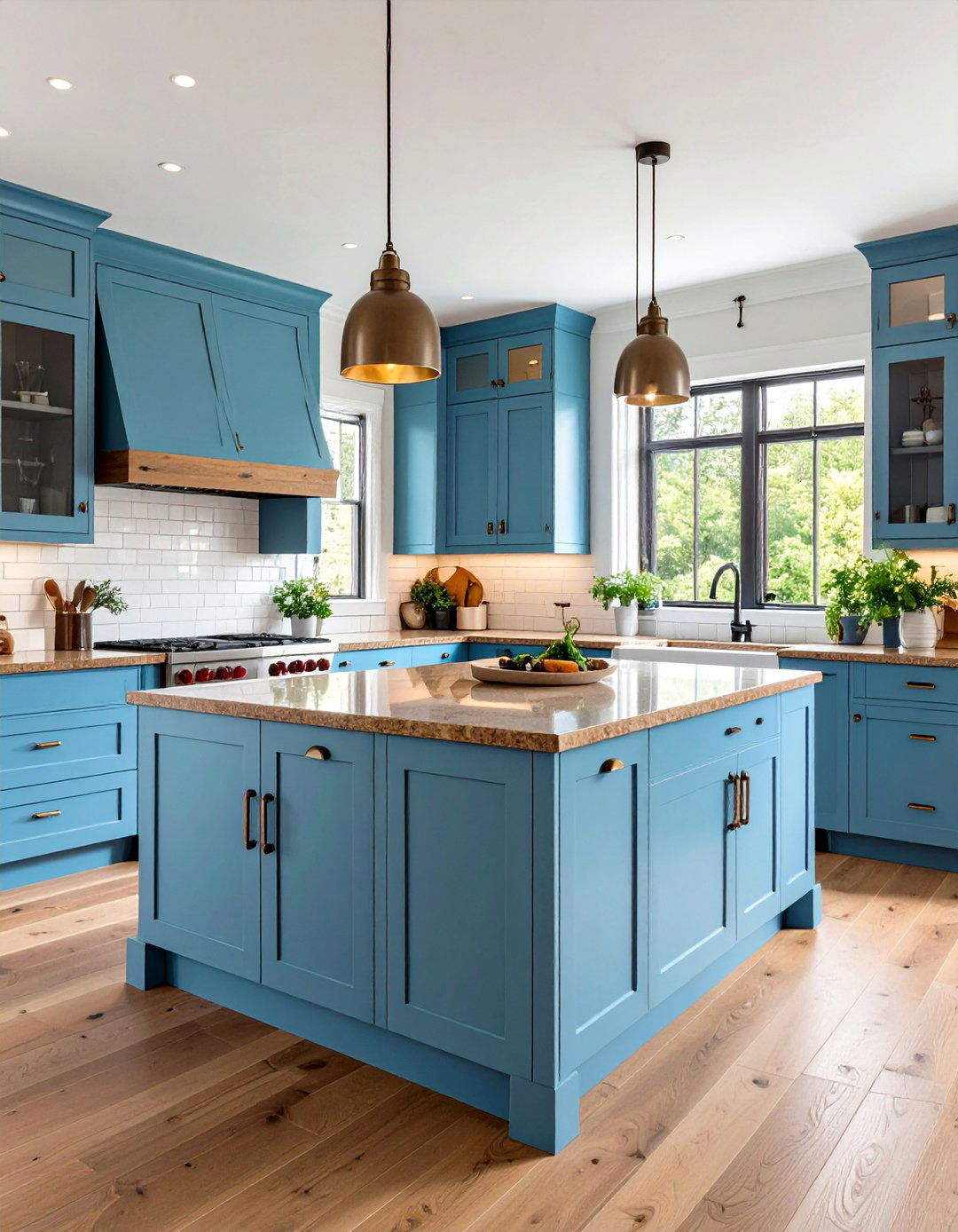 Light Blue Cottage Cabinets with Tan Brown Granite Countertops - 24 blue kitchen cabinets with brown granite countertops