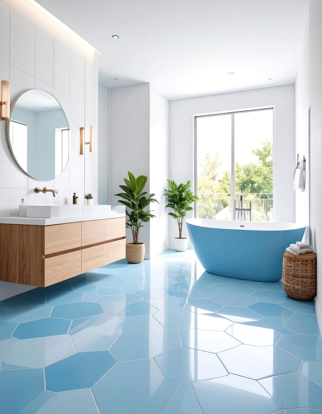 Light Blue Hexagon Floor Pattern Design - 24 Blue Tile Bathroom Ideas