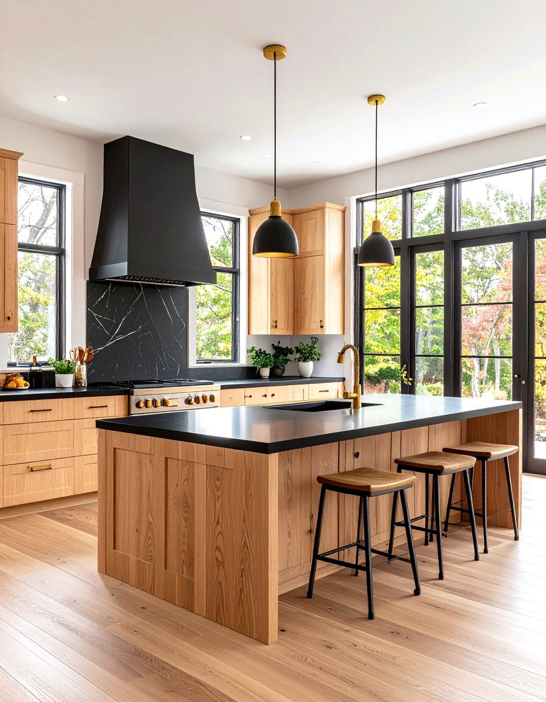Light Brown Kitchen Cabinets with Black Countertop Contrast - 24 Brown Kitchen Cabinets With Black Countertops