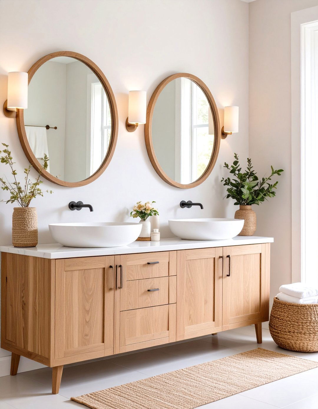 Light Brown Wood Vanity with White Marble Countertop - 24 Brown and White Bathroom Ideas