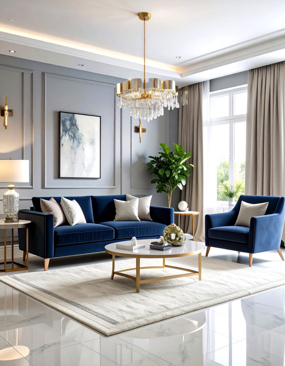 Light Grey Walls with Navy Velvet Upholstery - 24 Navy Blue and Grey Living Room Ideas