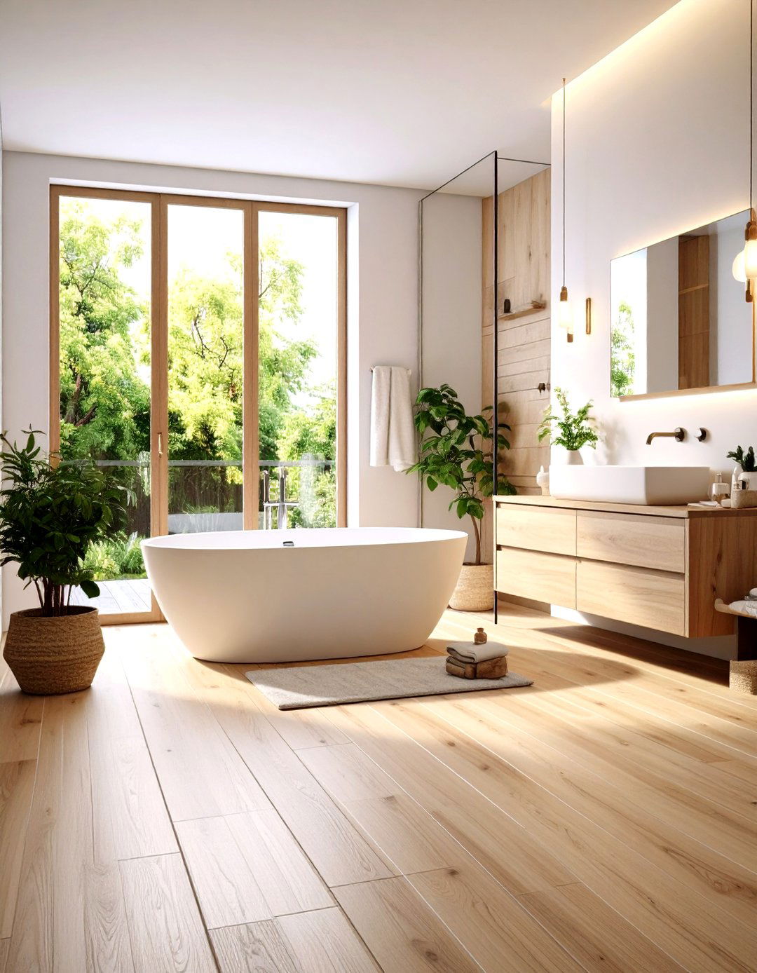 Light Oak Engineered Planks with Brushed Texture - 24 Ideas for Wood Floors in Bathrooms