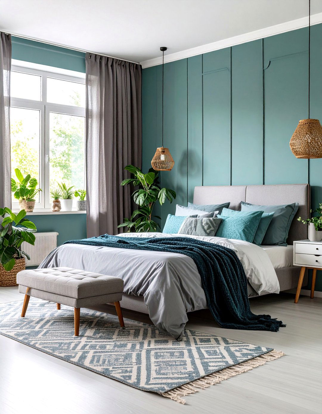 Light Teal Walls with Grey Textiles - 24 Teal and Grey Bedroom Ideas