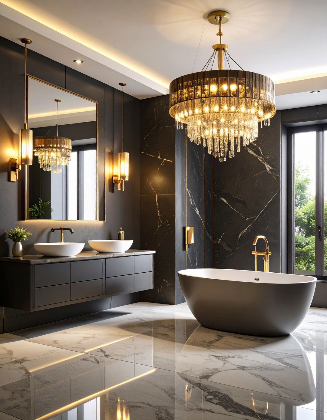 Lighting Fixture Statement Drama - 24 Black and Gold Bathroom Ideas