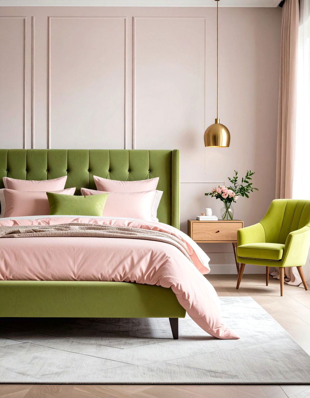 Lime Green Accent Chair with Blush Pink Bed Linens - 24 Pink and Green Bedroom Ideas
