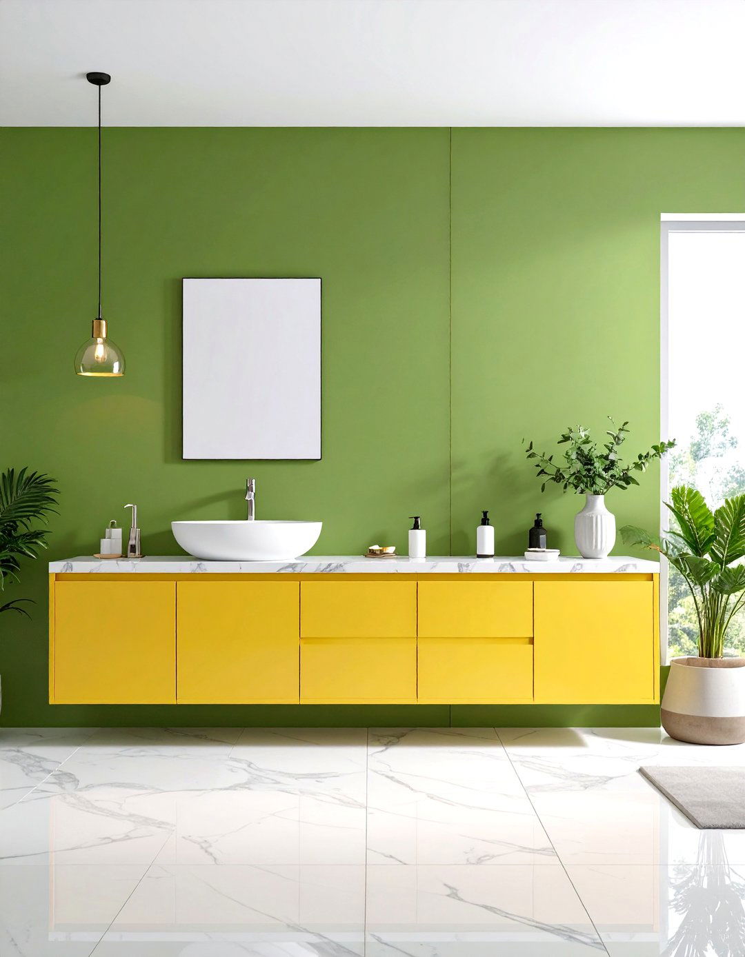 Lime Green Accent Wall with Cream Yellow Cabinetry - 24 Yellow and Green Bathroom Ideas