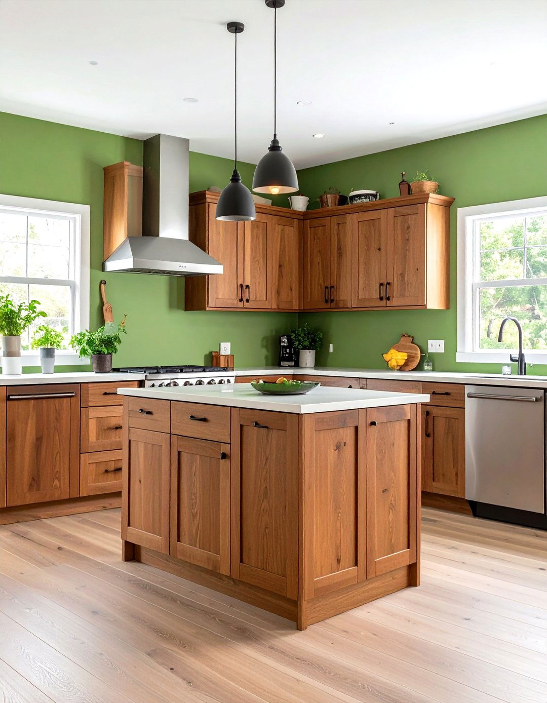Lime Green Accent Wall with Warm Brown Base Cabinets - 24 Green and Brown Kitchen Ideas
