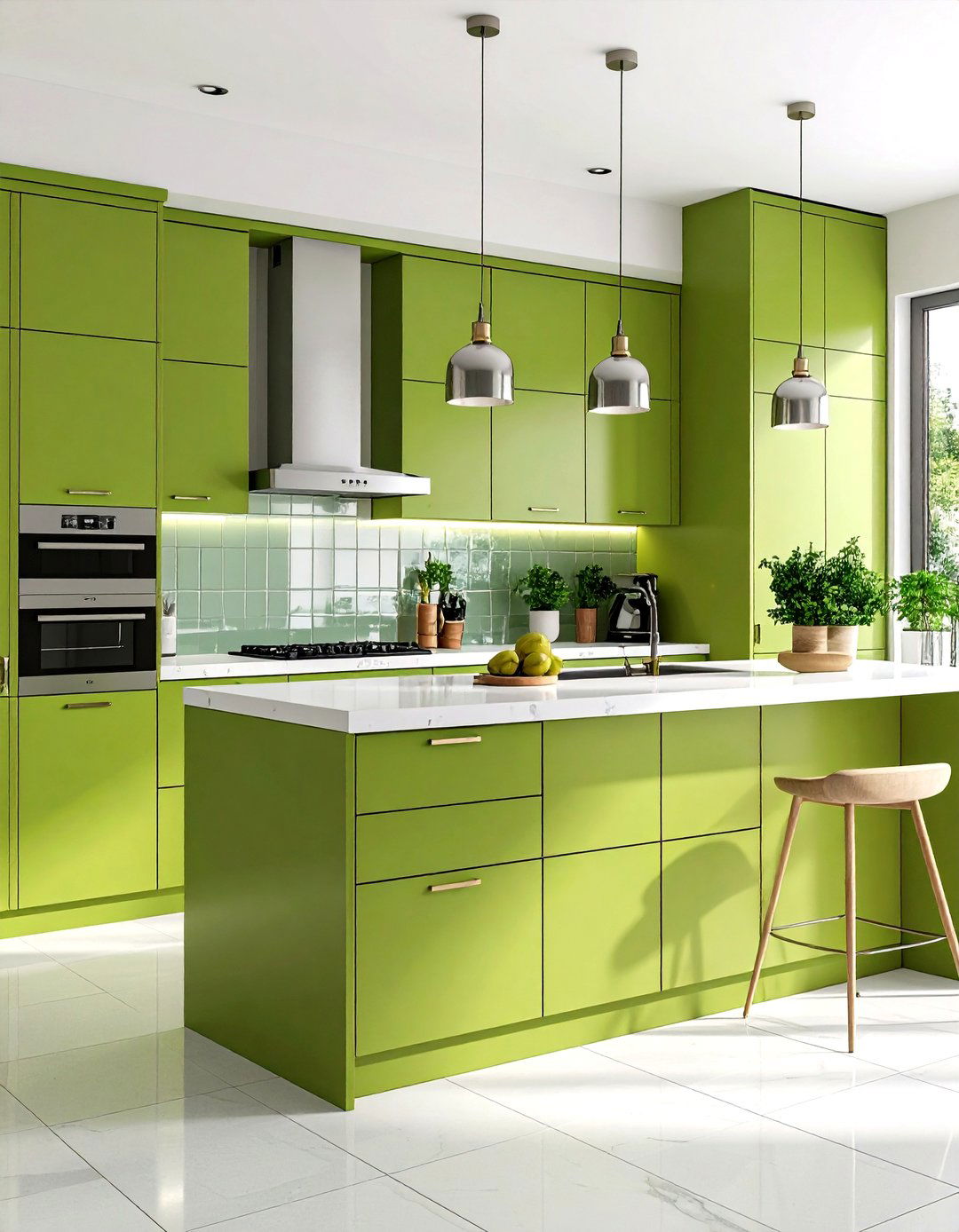 Lime Green Contemporary Kitchen with Glass Backsplash - 24 Green Kitchen Cabinet Ideas