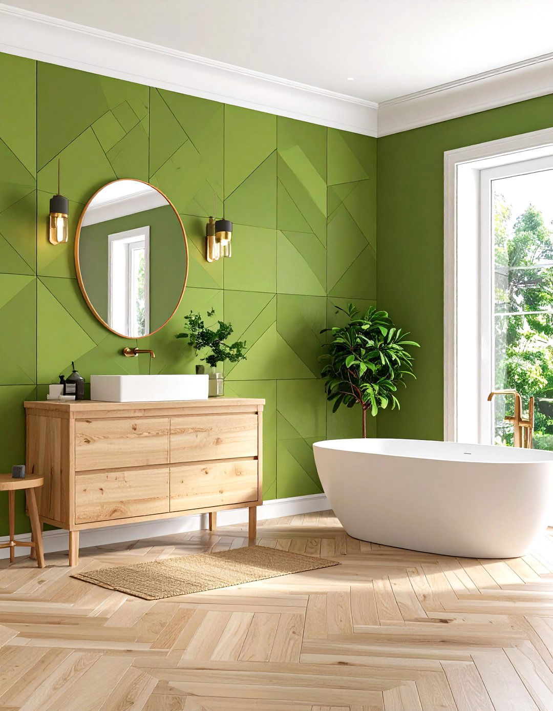 Lime Green Geometric Wallpaper with Pale Yellow Fixtures - 24 Yellow and Green Bathroom Ideas