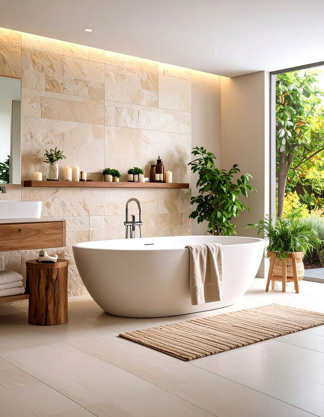 Limestone Accent Walls Behind Freestanding Tubs - 24 Stone Bathroom Ideas