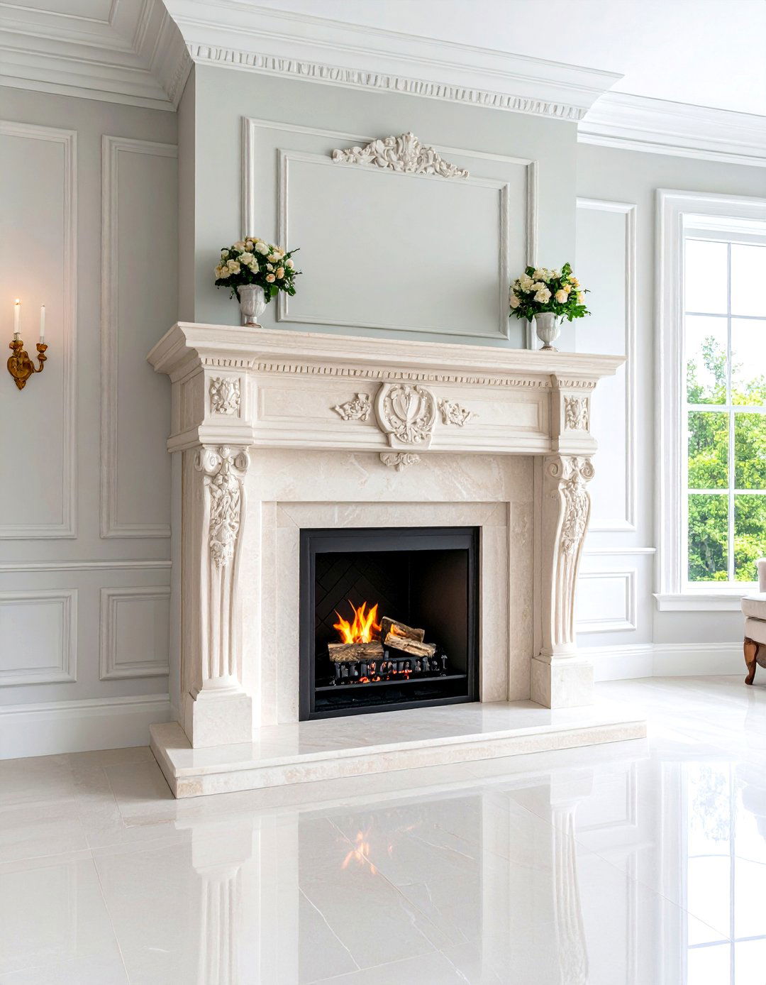 Limestone Fireplace with Classical Architectural Details - 24 Stone Fireplace Ideas
