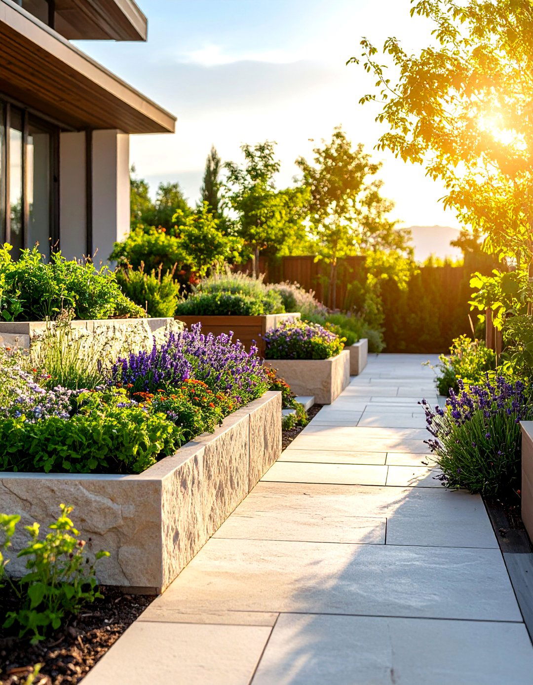Limestone Terrace with Integrated Planters - 24 Sloped Walkway Ideas