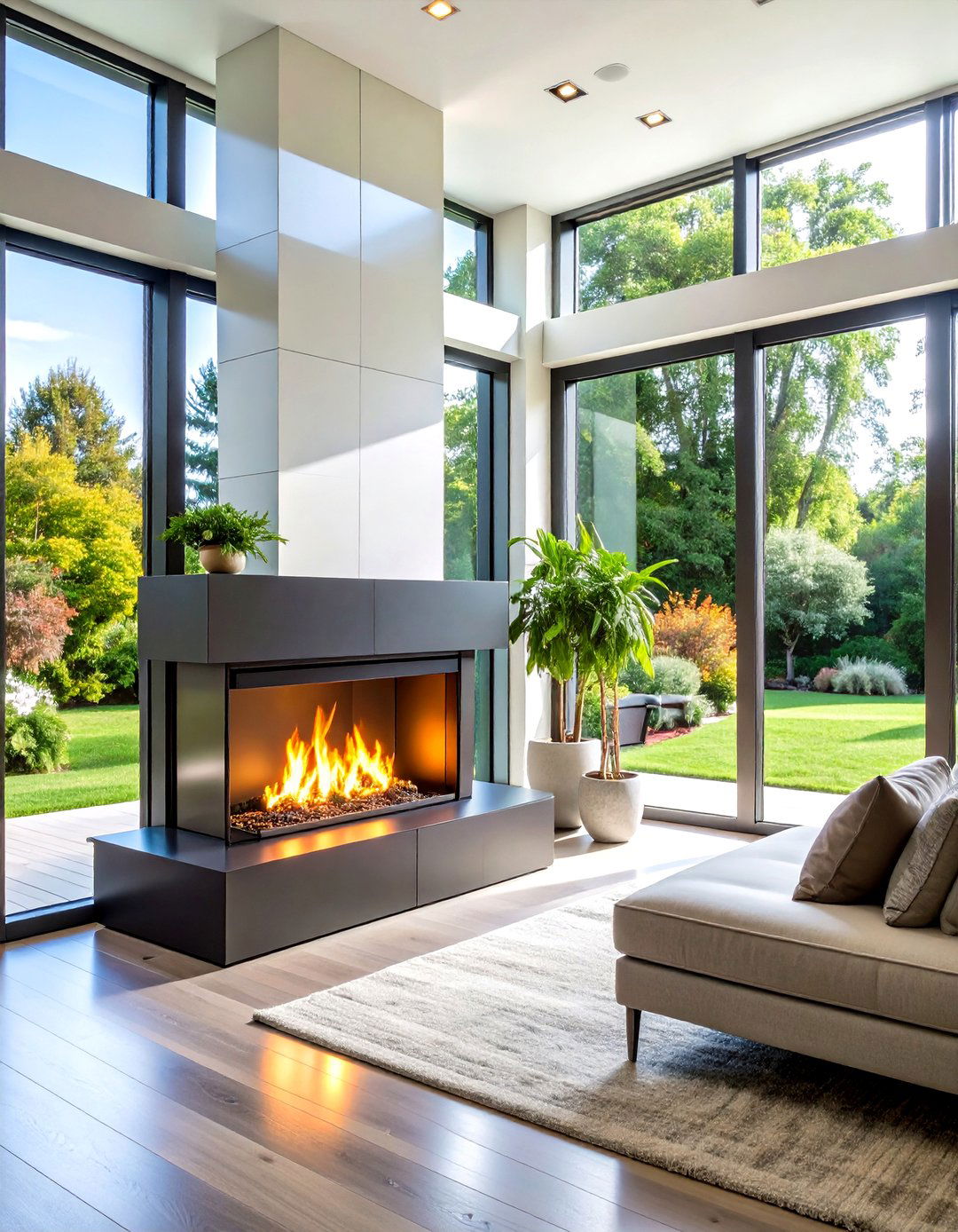 Linear Electric Fireplace with Floor to Ceiling Windows - 24 Fireplace Between Windows Ideas
