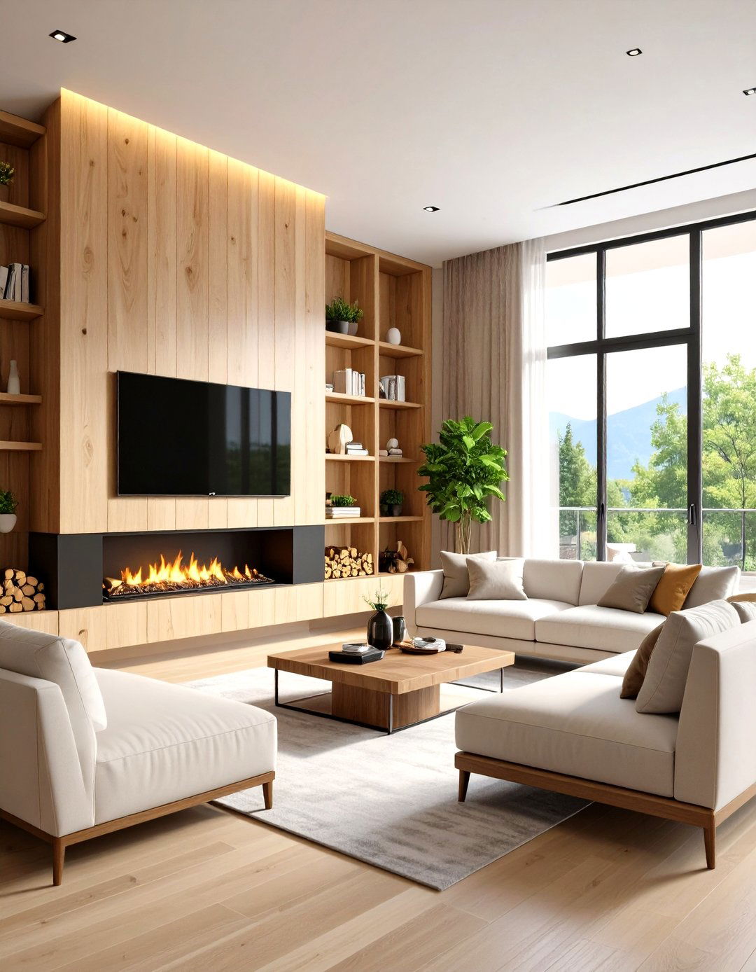 Linear Fireplace with Natural Wood Storage - 24 Linear Fireplace Ideas With Tv Above