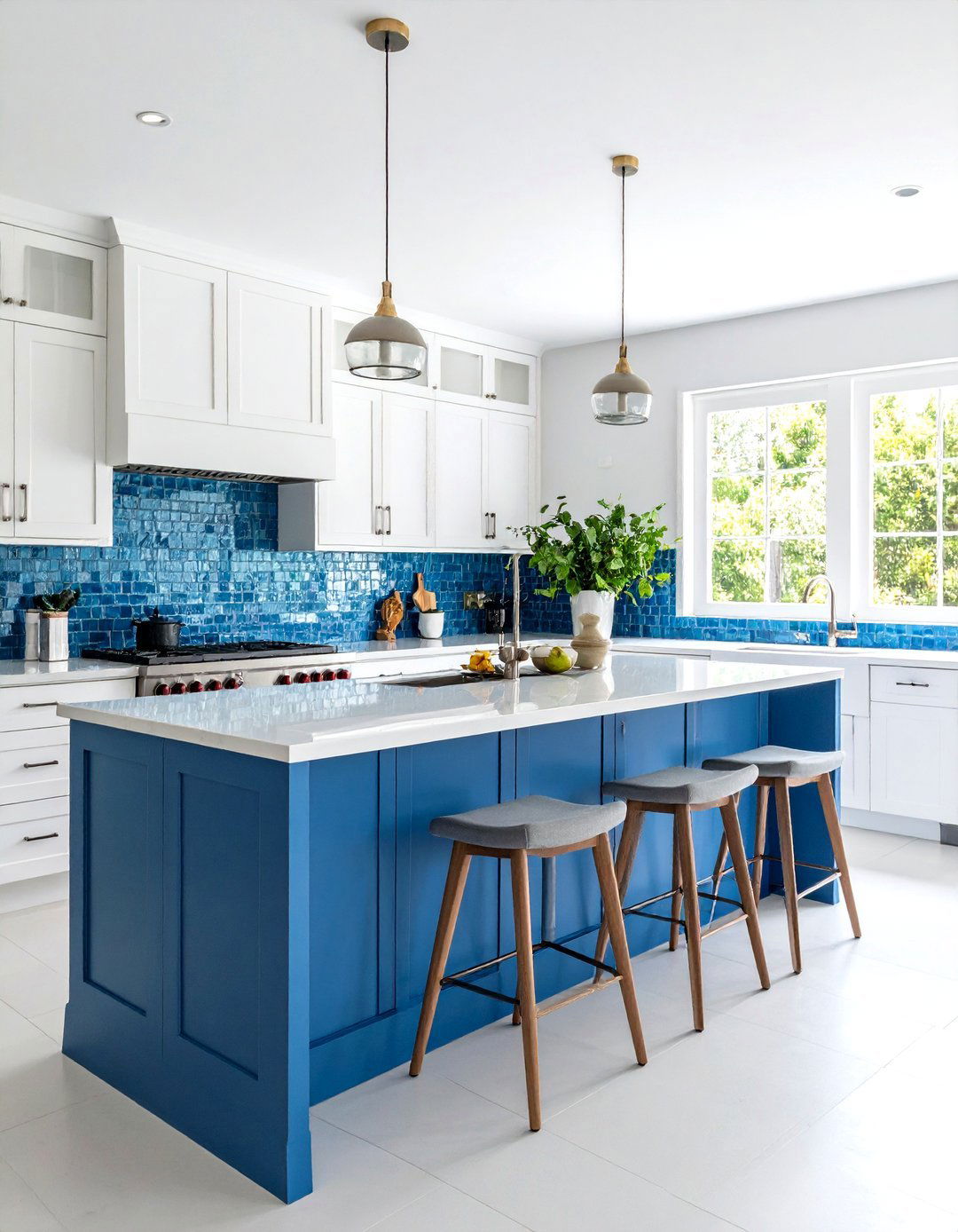 Linear Glass Mosaic Backsplash in Ocean Blues - 24 Backsplash Ideas for White Cabinets and Granite Countertops