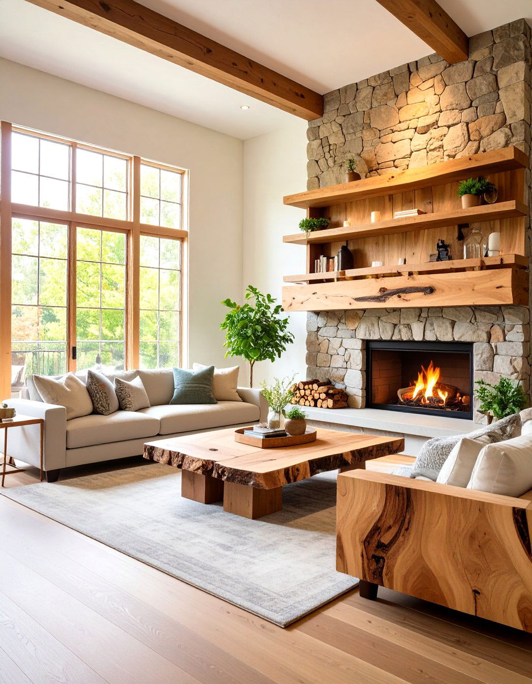 Live Edge Wood Floating Shelves with Natural Stone Fireplace - 24 Fireplace Floating Shelves Design Ideas
