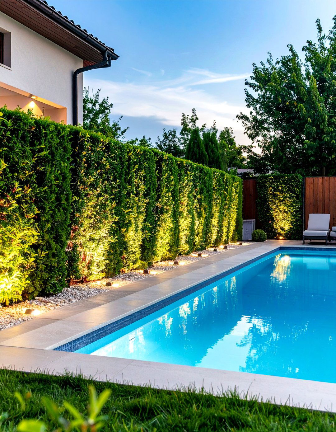 Living Hedge Pool Fence with Integrated Lighting - 24 Pool Fence Ideas