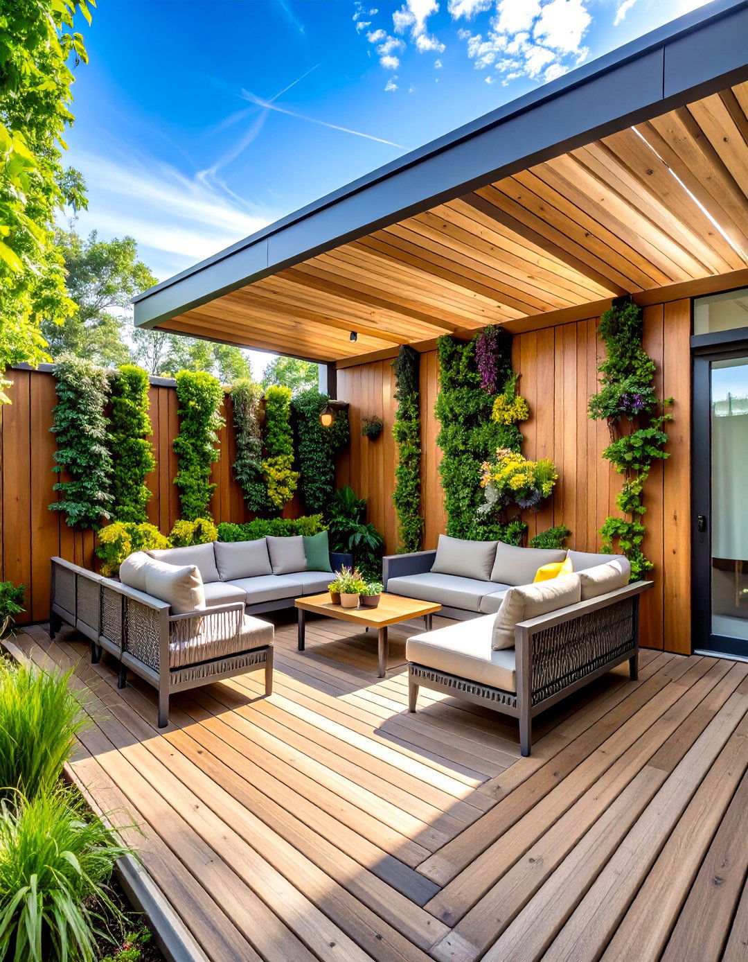 Living Privacy Wall with Partial Roof Coverage - 24 Partially Covered Deck Ideas