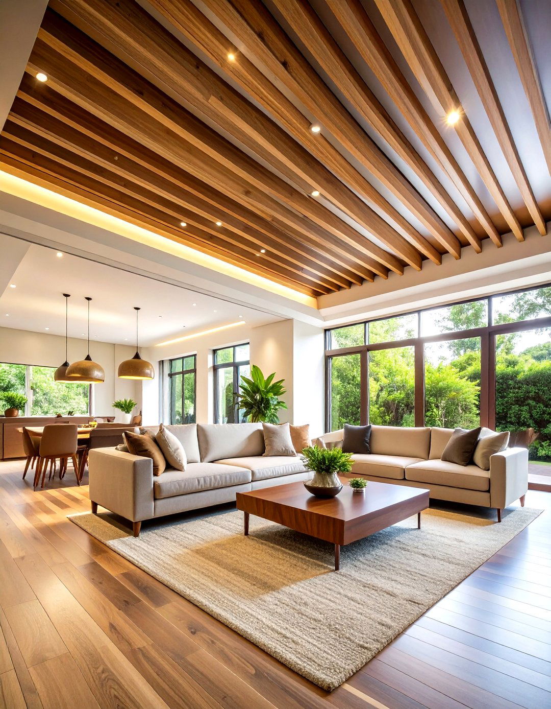 Living Room Statement Ceiling Installations - 24 Wood Slat Ceiling Ideas