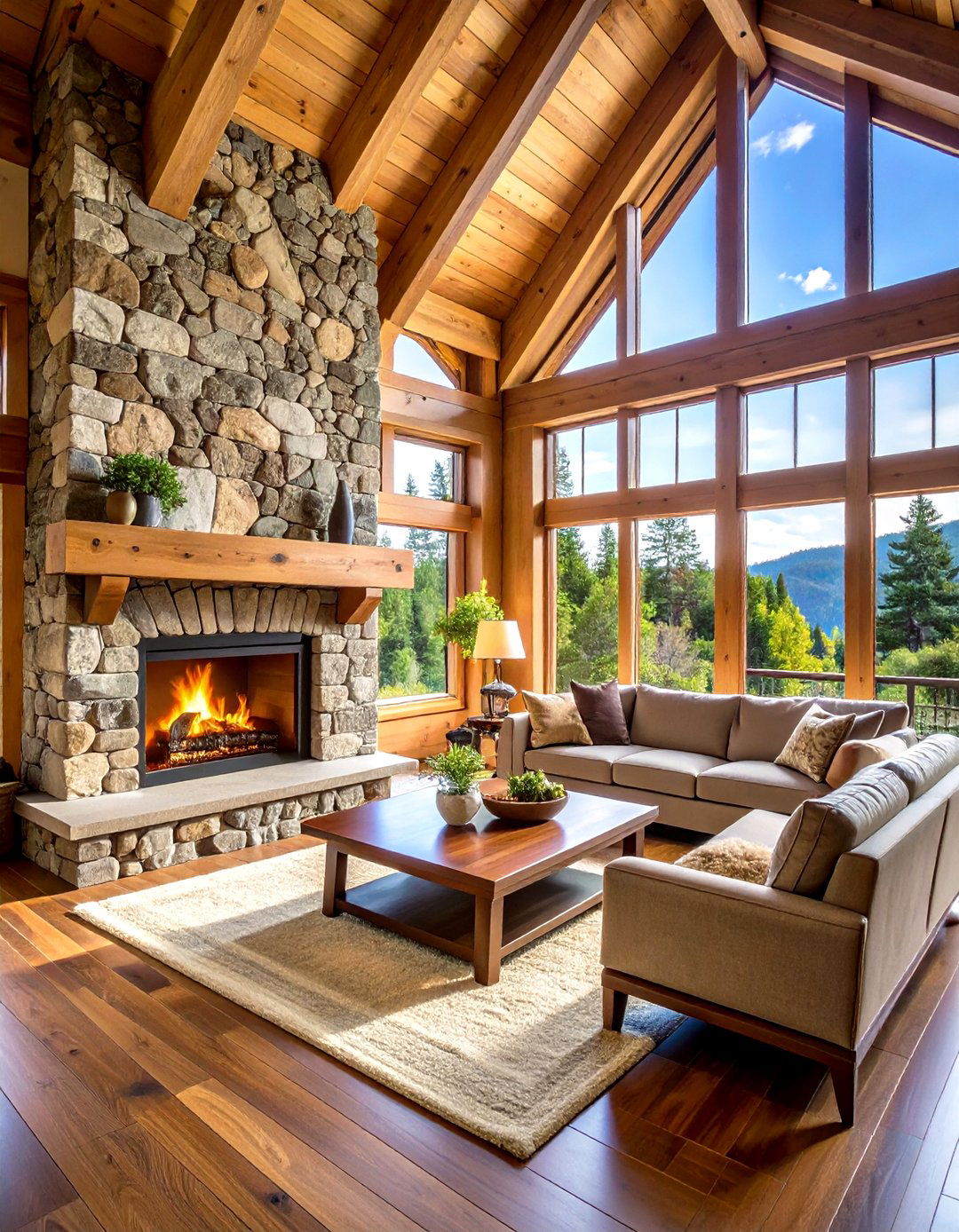Lodge Style Timber Frame Fireplace - 24 Rustic Fireplaces
