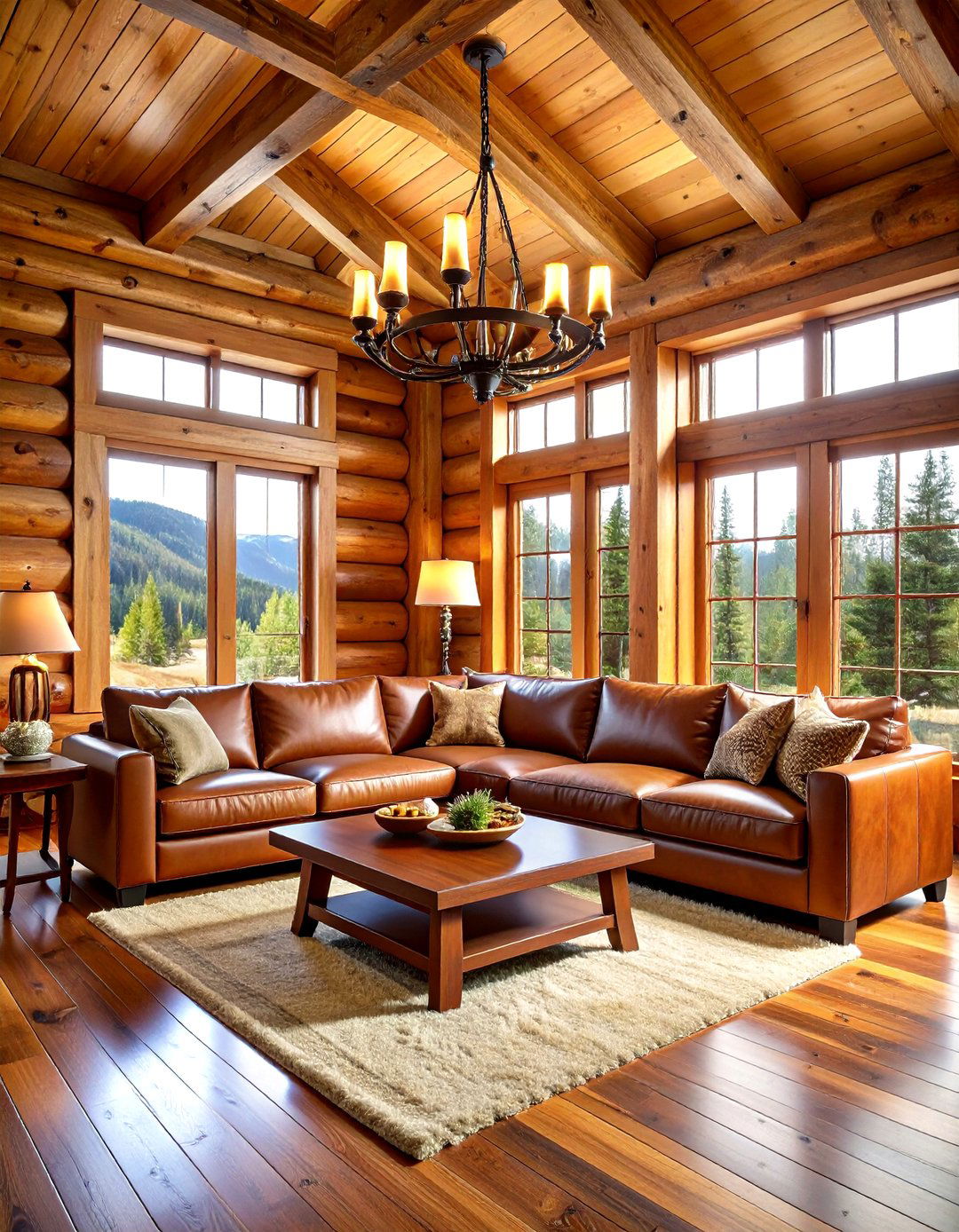 Log Cabin Leather Furniture Arrangement - 24 Rustic Living Room Ideas
