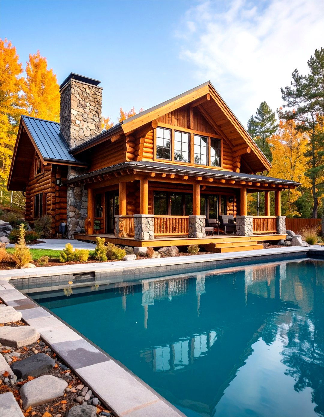 Log Pool House with Stone Chimney - 24 Rustic Pool House Ideas