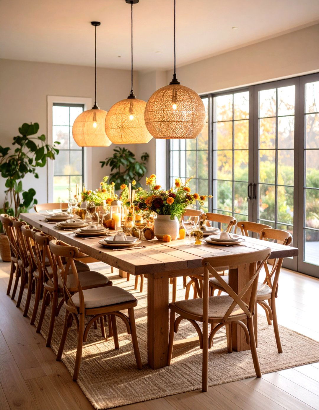 Long Harvest Table with Multiple Pendant Lights - 24 Modern Farmhouse Dining Room Ideas