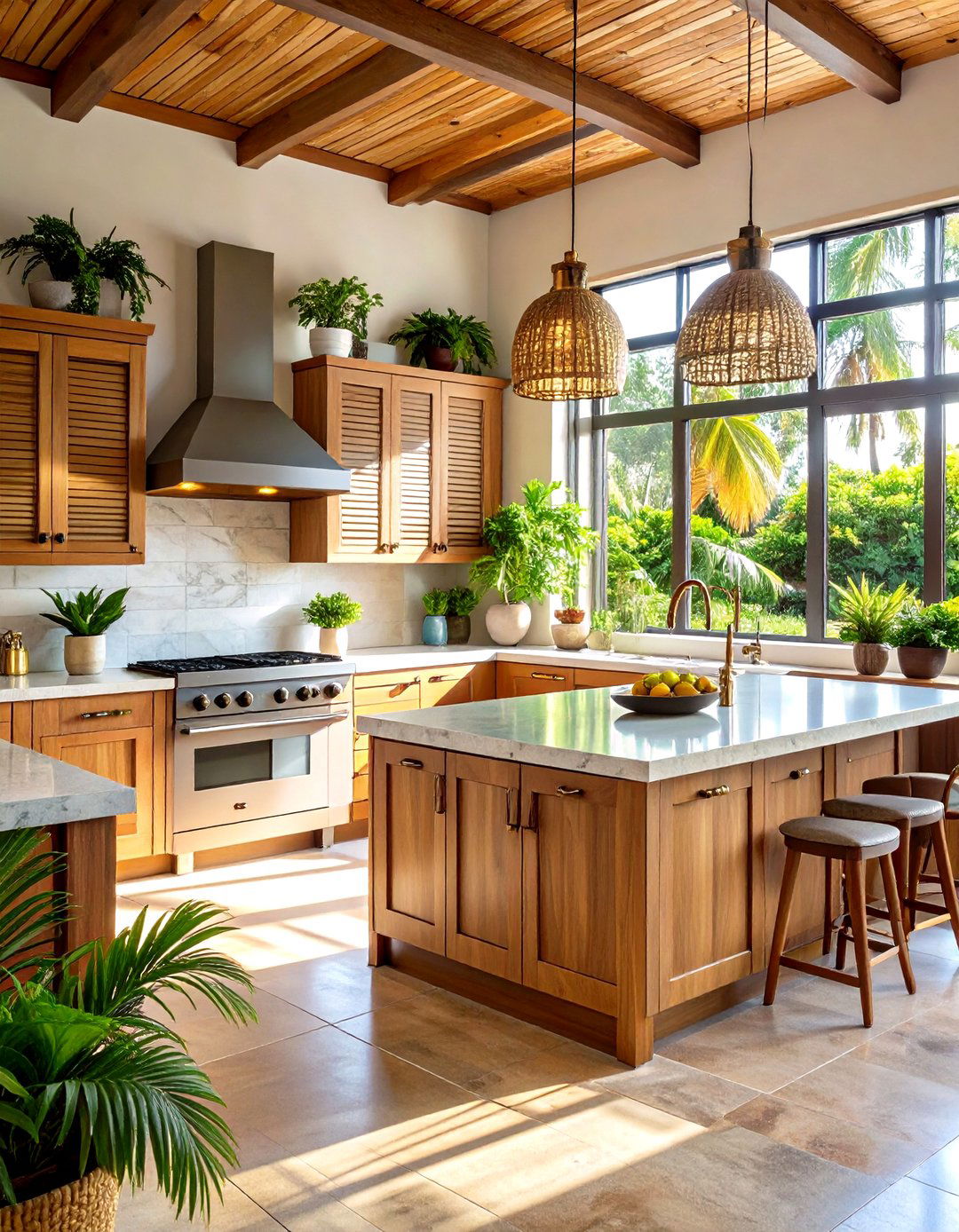 Louvered Cabinet Doors and Windows - 24 Tropical Kitchen Ideas