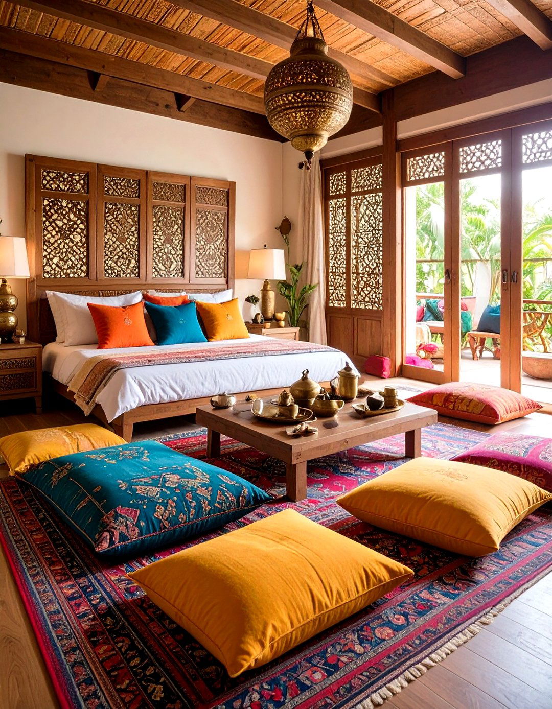 Low Seating Lounge Area - 24 Moroccan Themed Bedroom Ideas