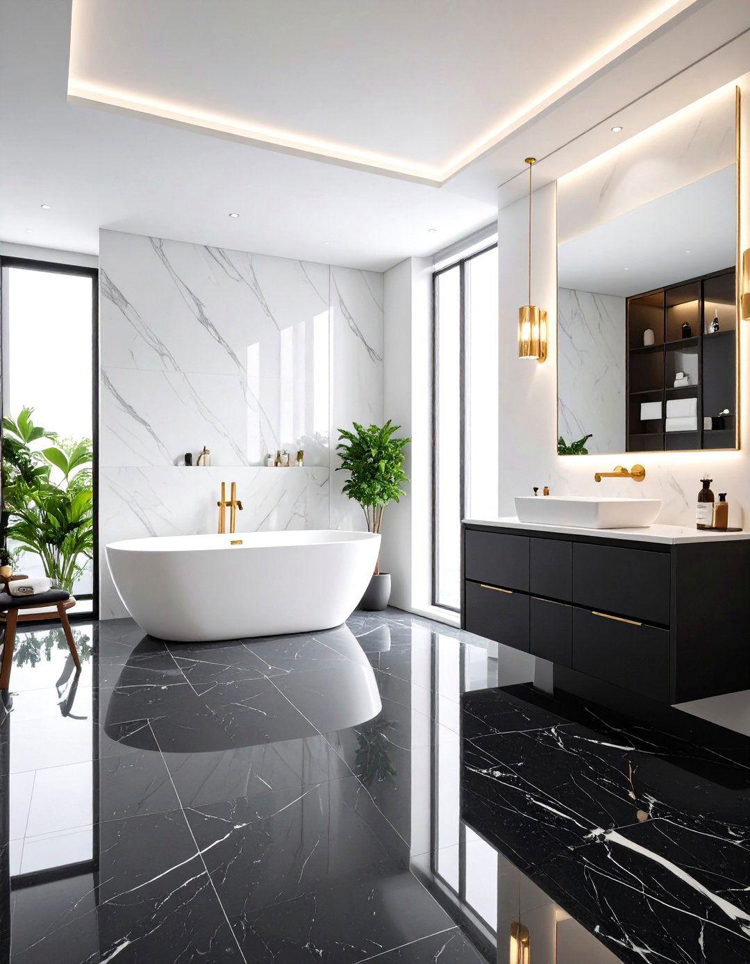 Luxurious Black Marble Floor with Painted White Walls - 24 Black Floor Bathroom With White Walls Ideas
