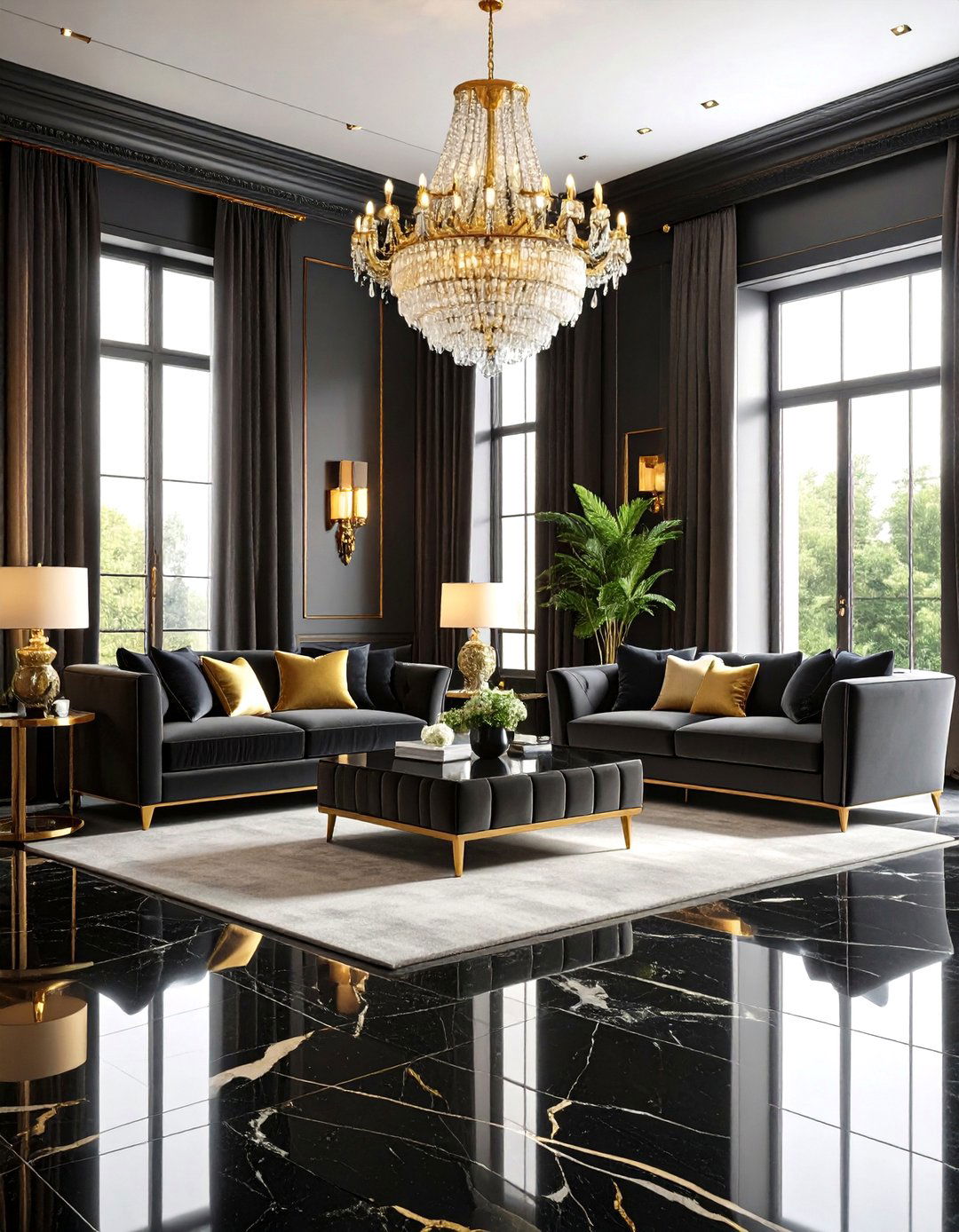 Luxurious Black Marble Living Room - 24 Black Floor Living Room Ideas