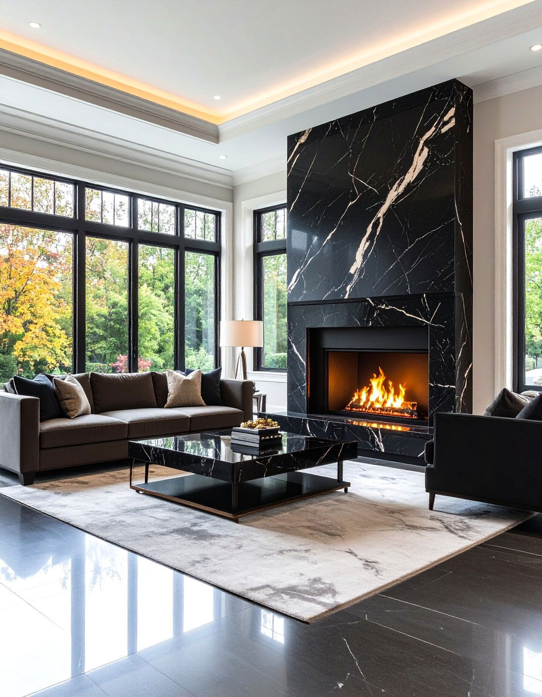 Luxurious Black Marble Slab Fireplace Statement - 24 Black Fireplace Ideas