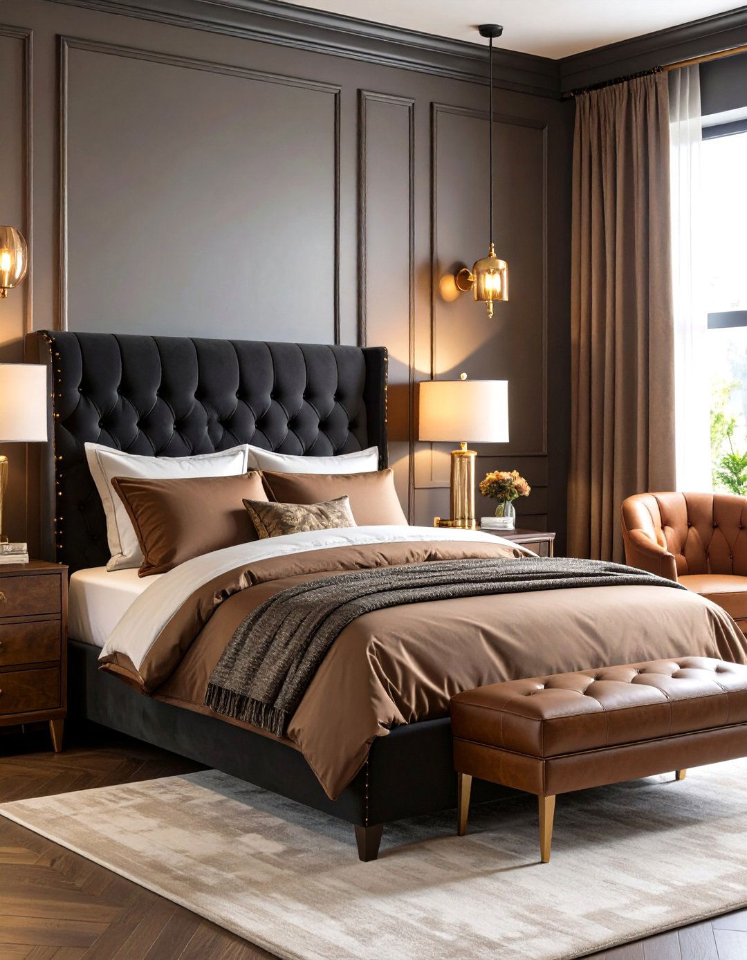 Luxurious Black Velvet Upholstered Headboard with Brown Leather - 24 Black and Brown Bedroom Ideas