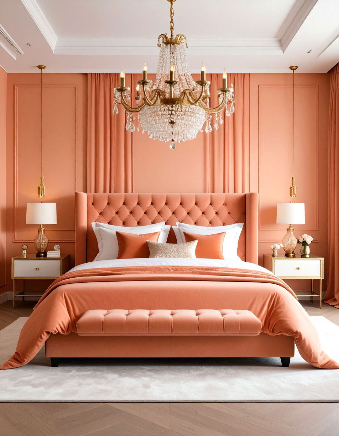 Luxurious Peach and Velvet Bedroom - 24 Peach Bedroom Ideas