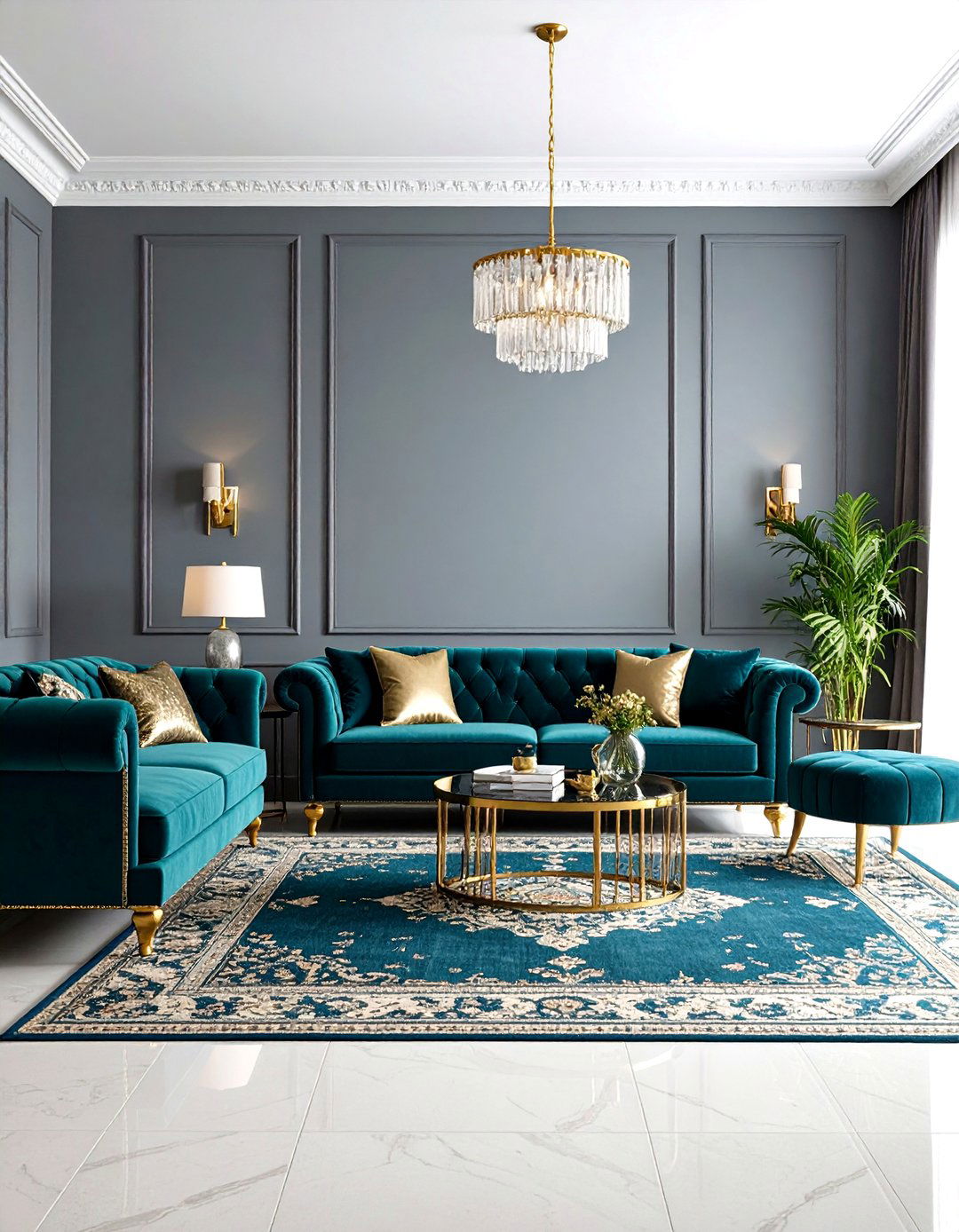 Luxurious Teal and Pewter Grey Living Room with Metallics - 24 Teal and Grey Living Room Ideas