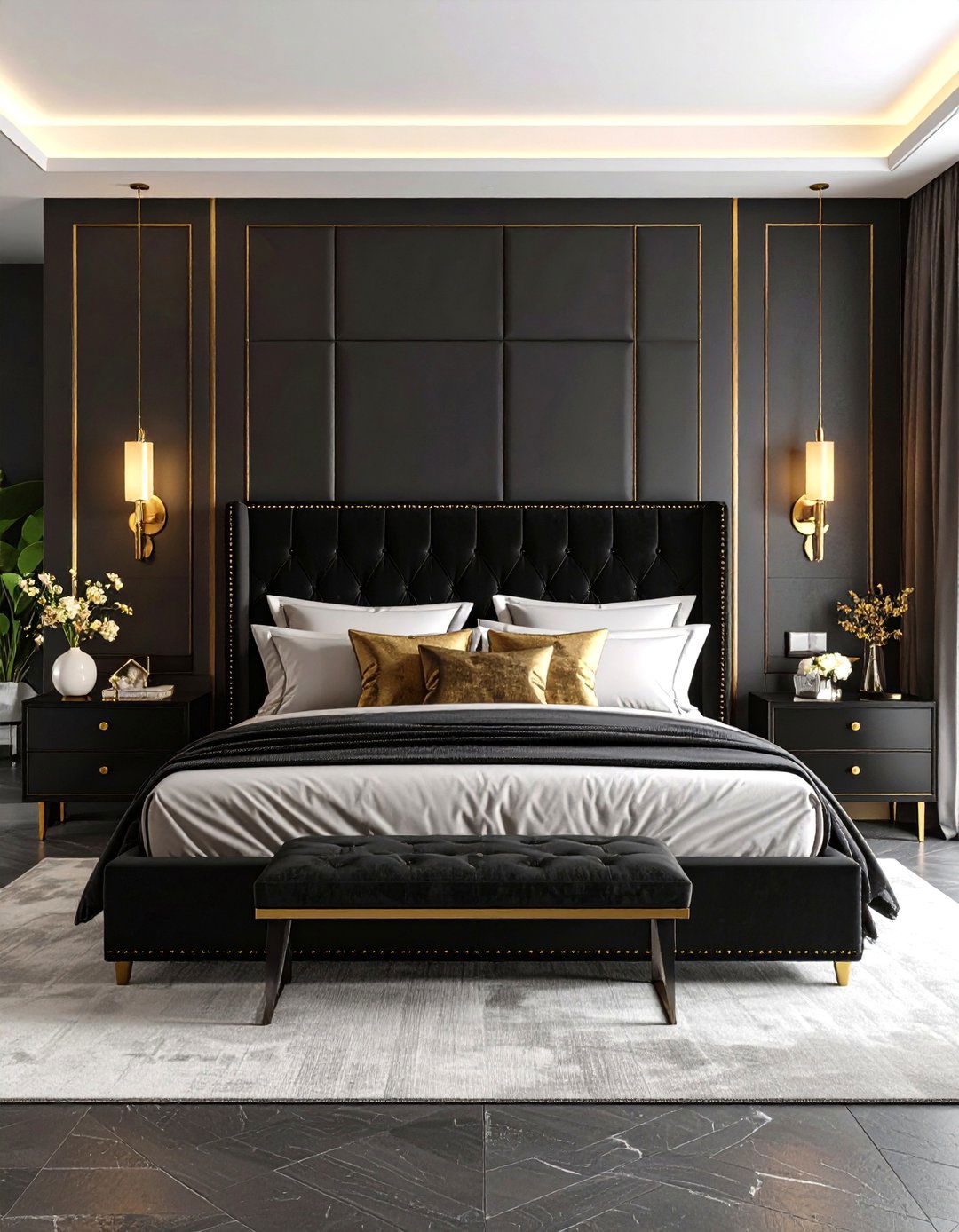 Luxury Black Velvet Headboard with Gold Trim - 24 Black and Gold Bedroom Ideas