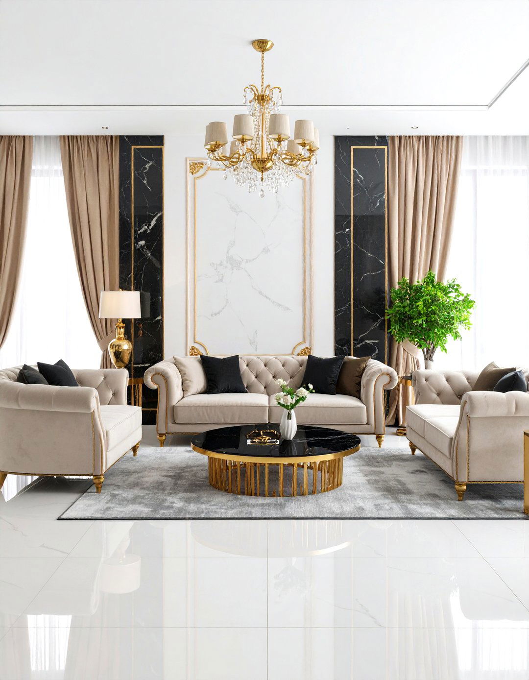 Luxury Black and Beige Living Room with Gold Accents - 24 Black and Beige Living Room Ideas