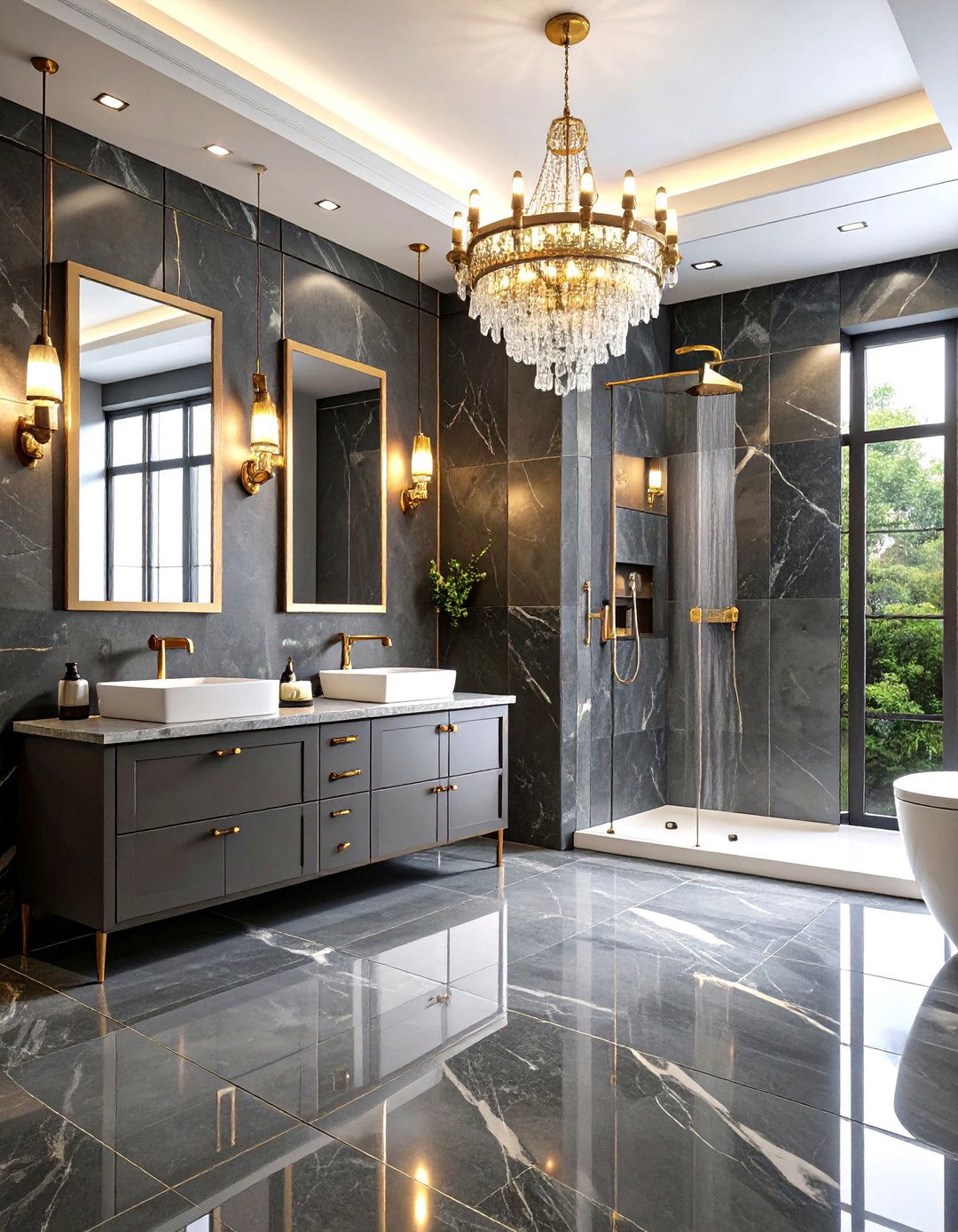 Luxury Dark Grey Marble Look Tile Bathroom - 24 Grey Tile Bathroom Ideas
