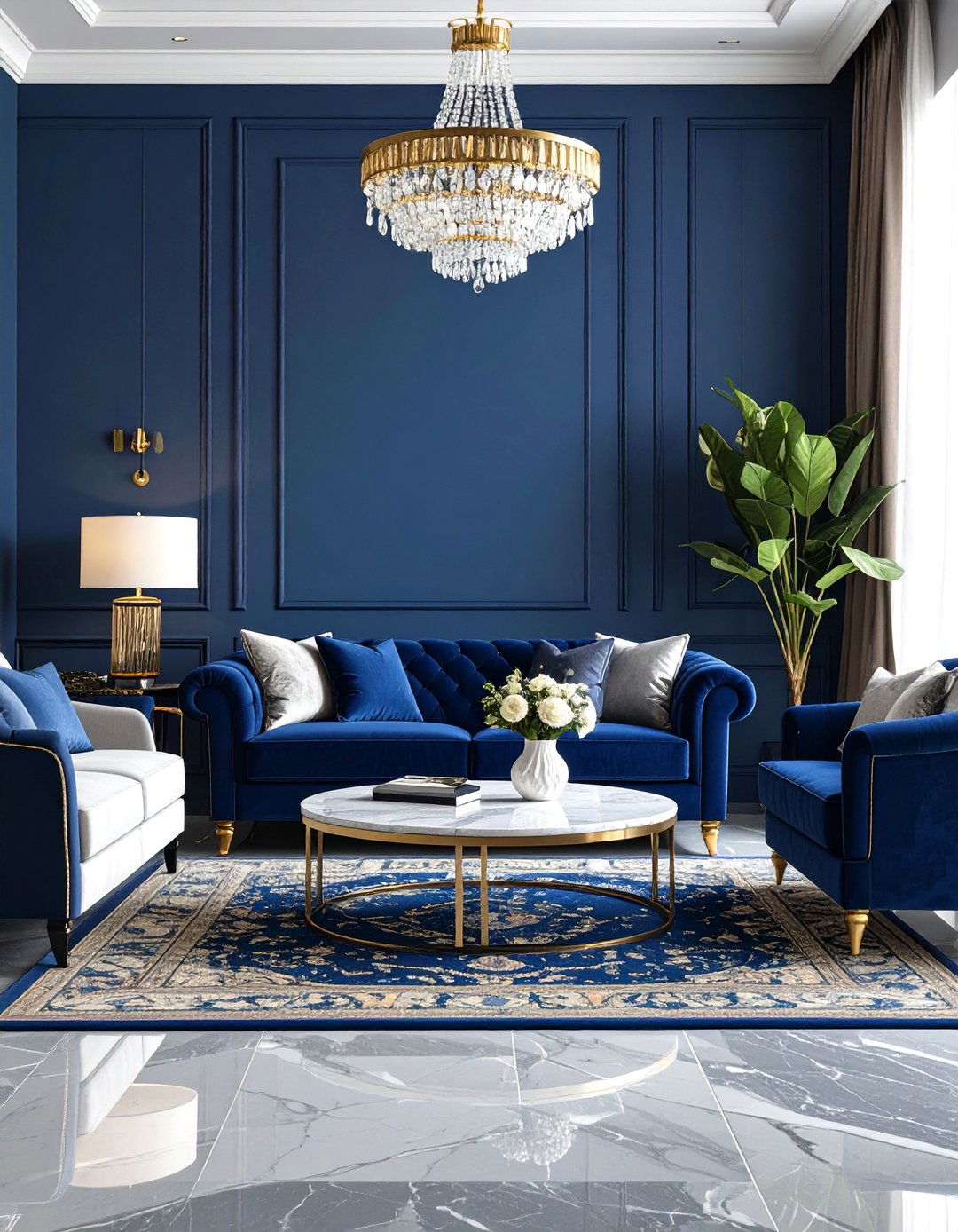 Luxury Grey Marble Floor with Midnight Blue Walls - 24 grey floor living room with blue walls ideas